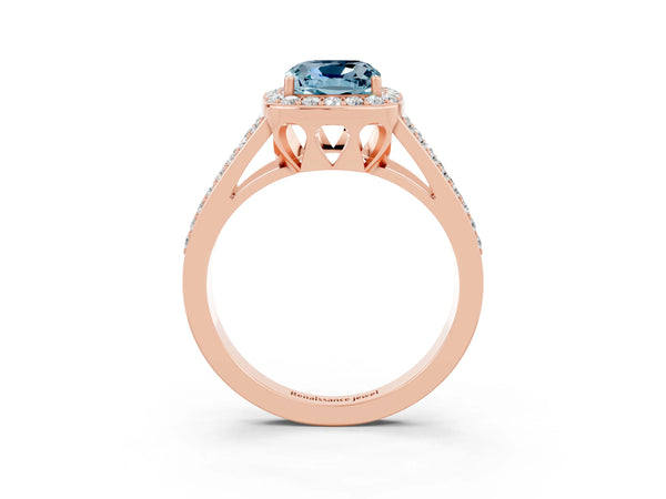 Rose gold Cushion Cut Aquamarine Halo Ring with Split Shank U-Prong Band and Four-Prong Setting