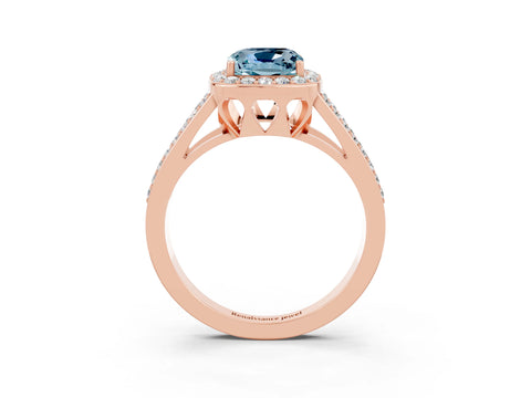 Rose gold Cushion Cut Aquamarine Halo Ring with Split Shank U-Prong Band and Four-Prong Setting_3