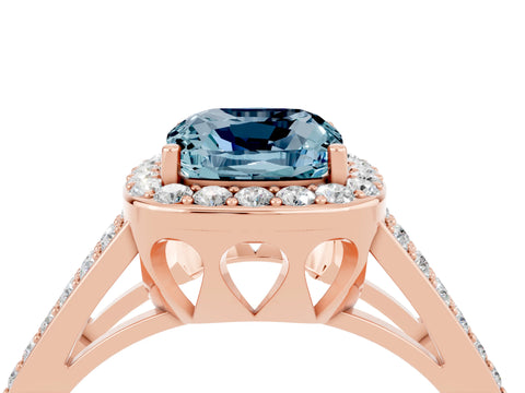 Rose gold Cushion Cut Aquamarine Halo Ring with Split Shank U-Prong Band and Four-Prong Setting_4