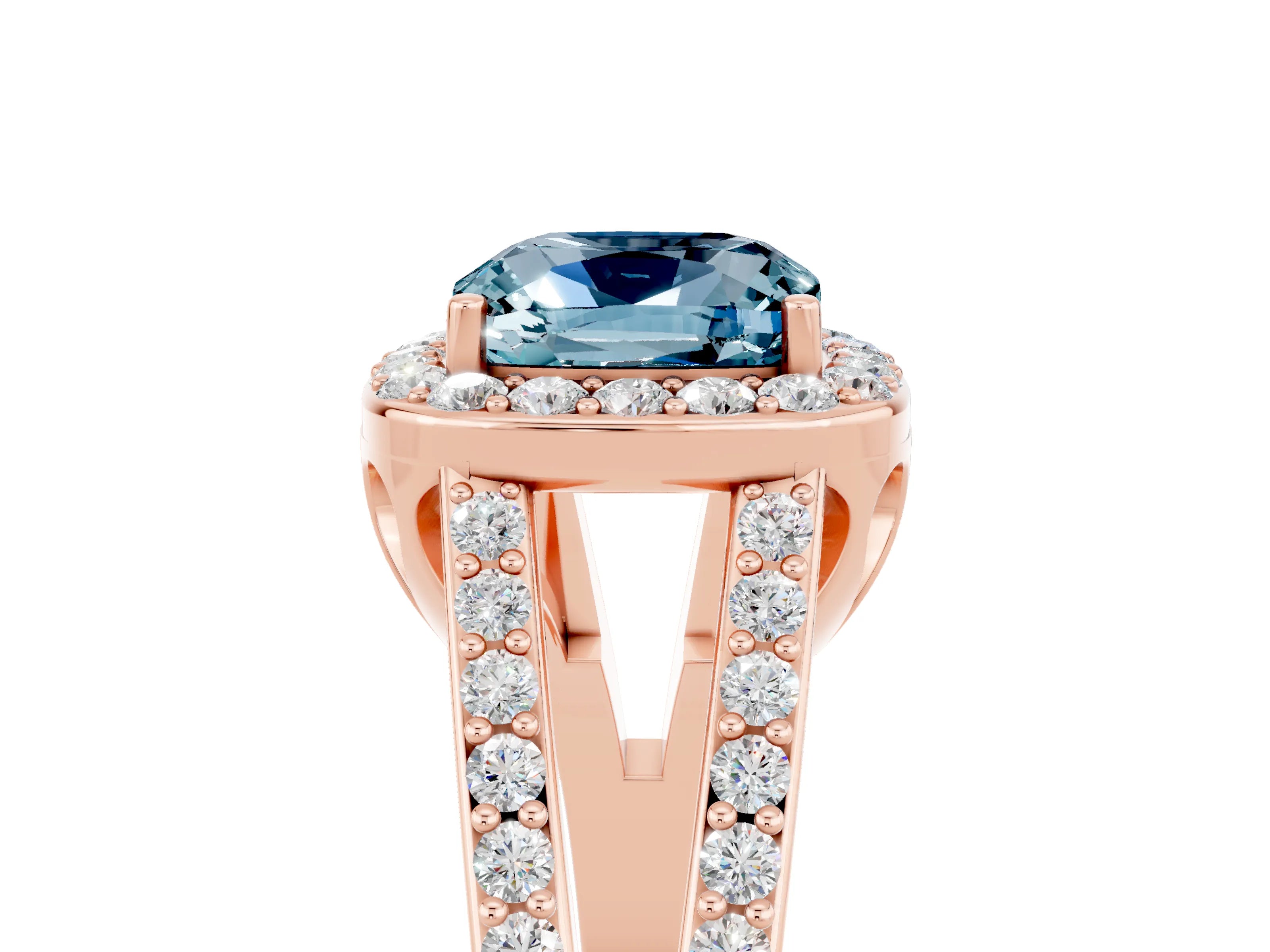 Rose gold Cushion Cut Aquamarine Halo Ring with Split Shank U-Prong Band and Four-Prong Setting_5