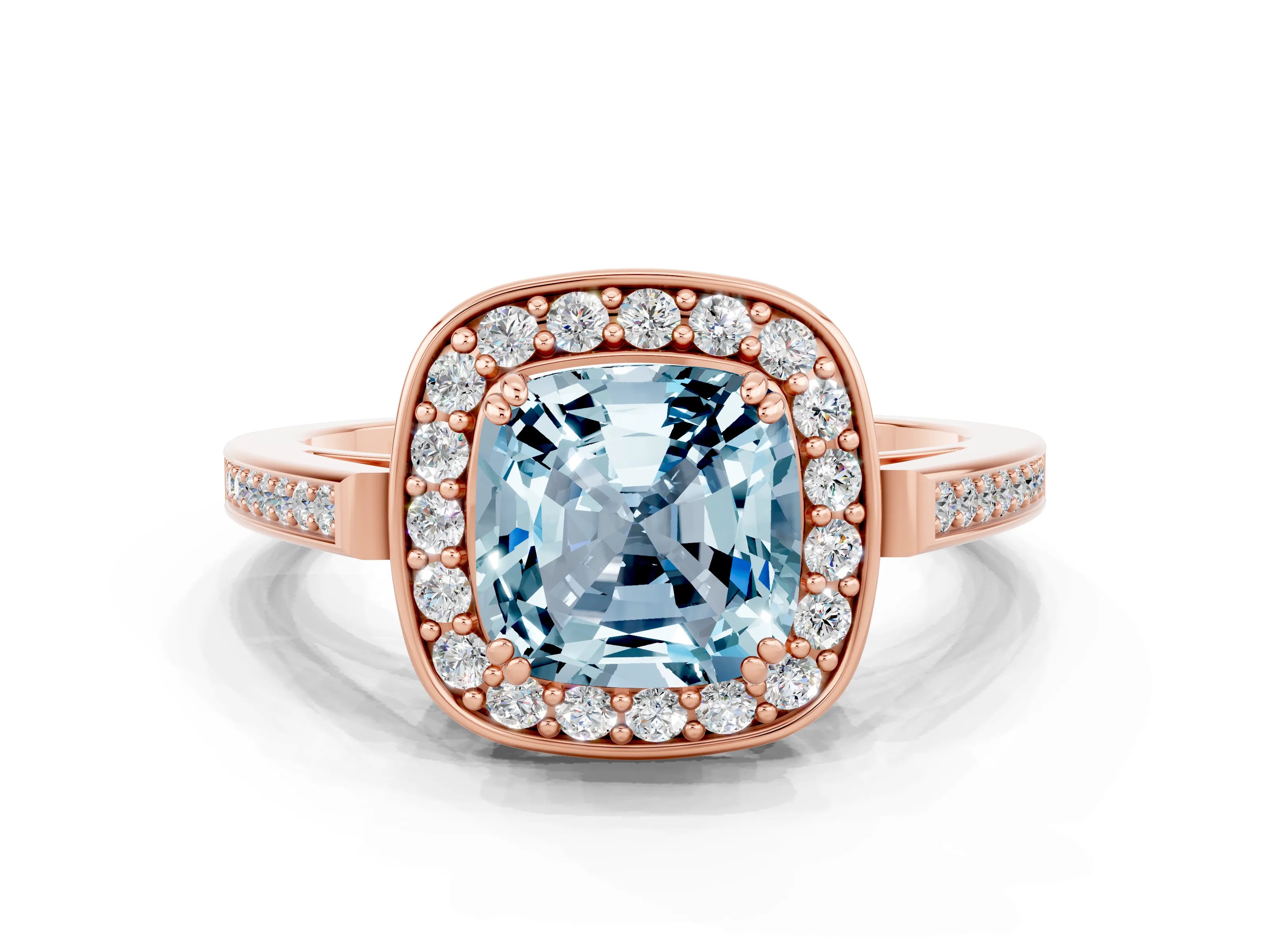 Rose gold Cushion Cut Aquamarine Halo Ring with Split Shank and Four-Prong Setting
