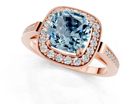 Rose gold Cushion Cut Aquamarine Halo Ring with Split Shank and Four-Prong Setting_1
