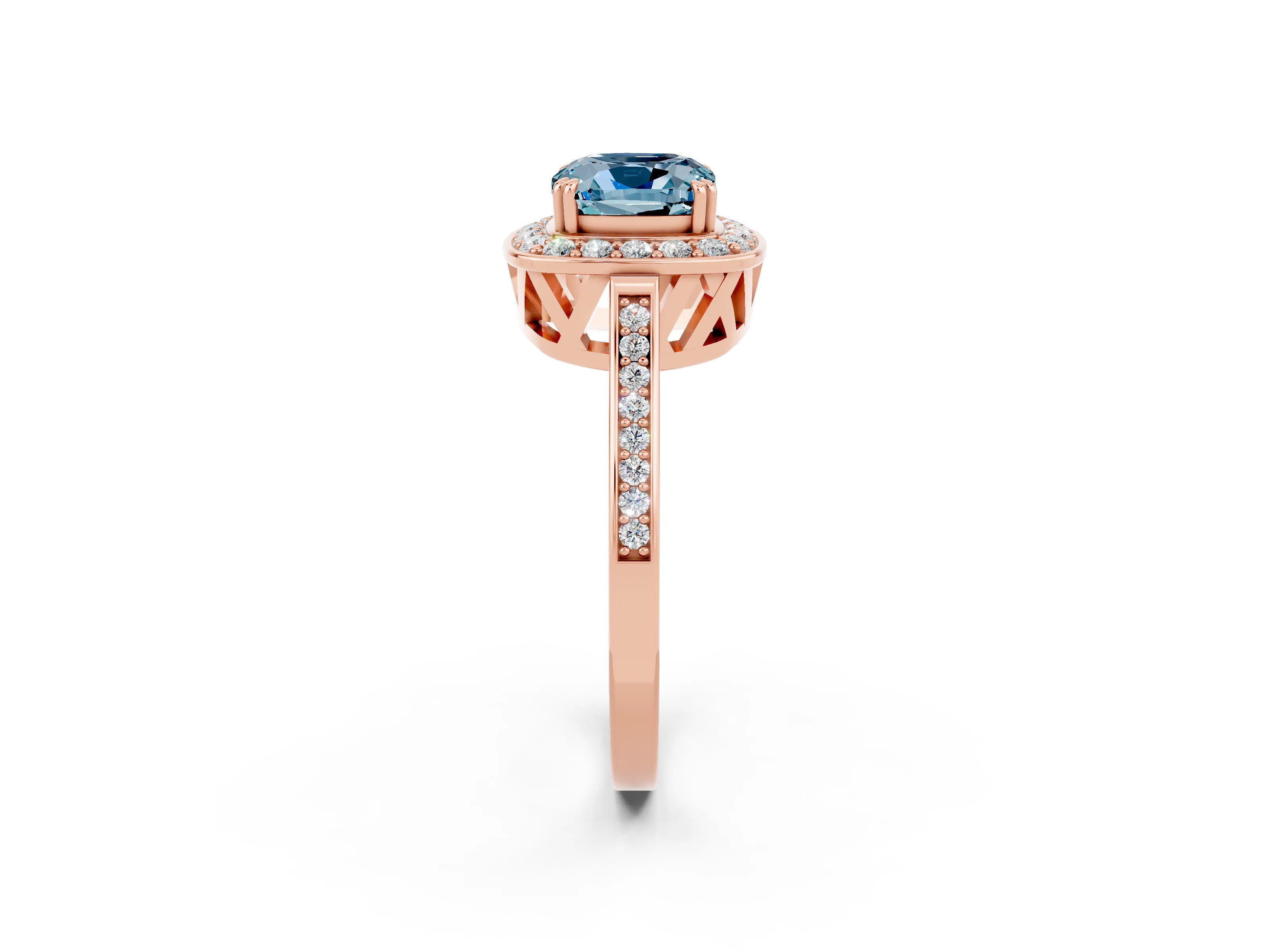 Rose gold Cushion Cut Aquamarine Halo Ring with Split Shank and Four-Prong Setting_2