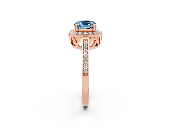 Rose gold Cushion Cut Aquamarine Halo Ring with Split Shank and Four-Prong Setting