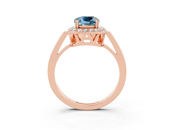 Rose gold Cushion Cut Aquamarine Halo Ring with Split Shank and Four-Prong Setting