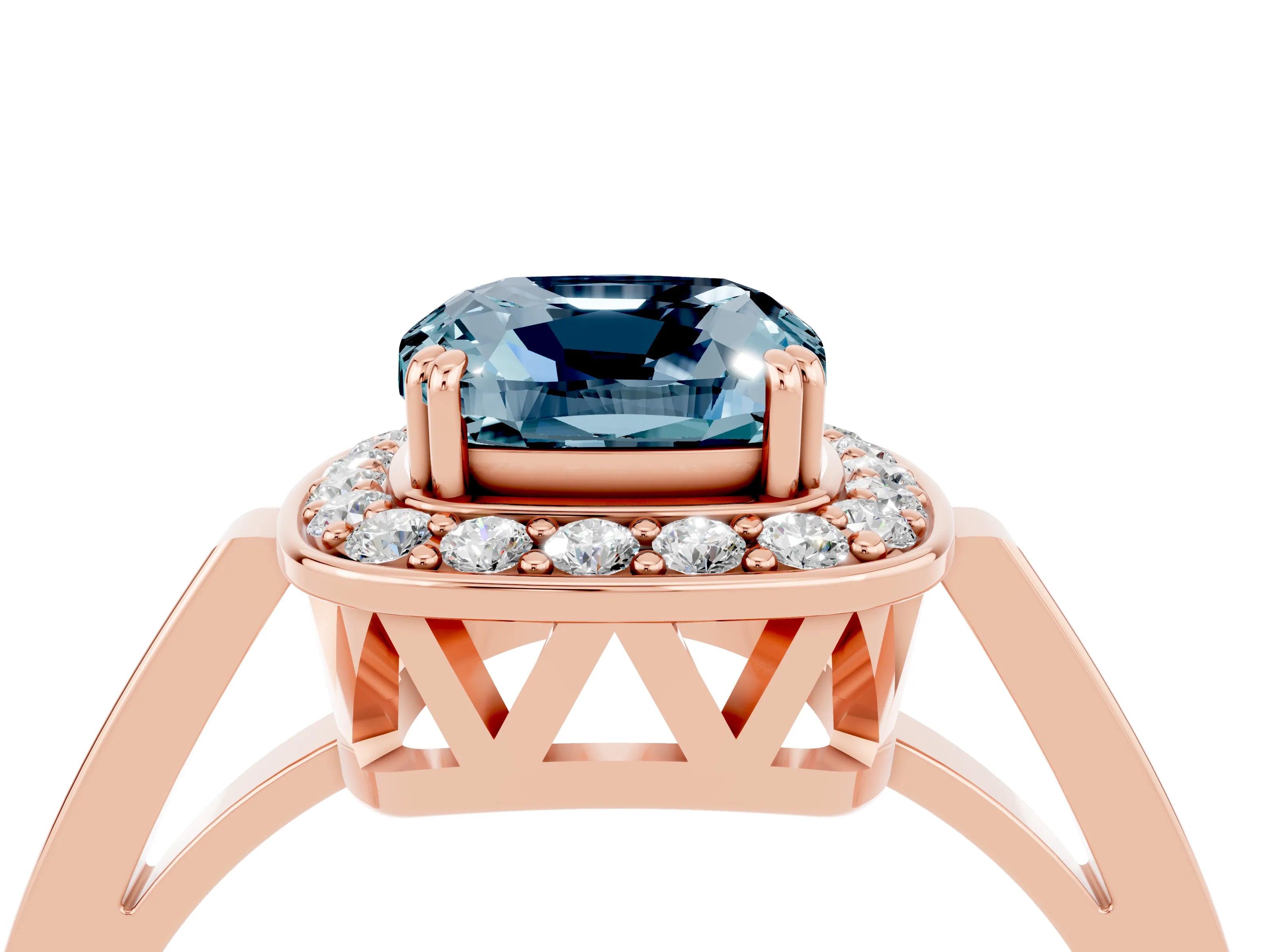 Rose gold Cushion Cut Aquamarine Halo Ring with Split Shank and Four-Prong Setting_4