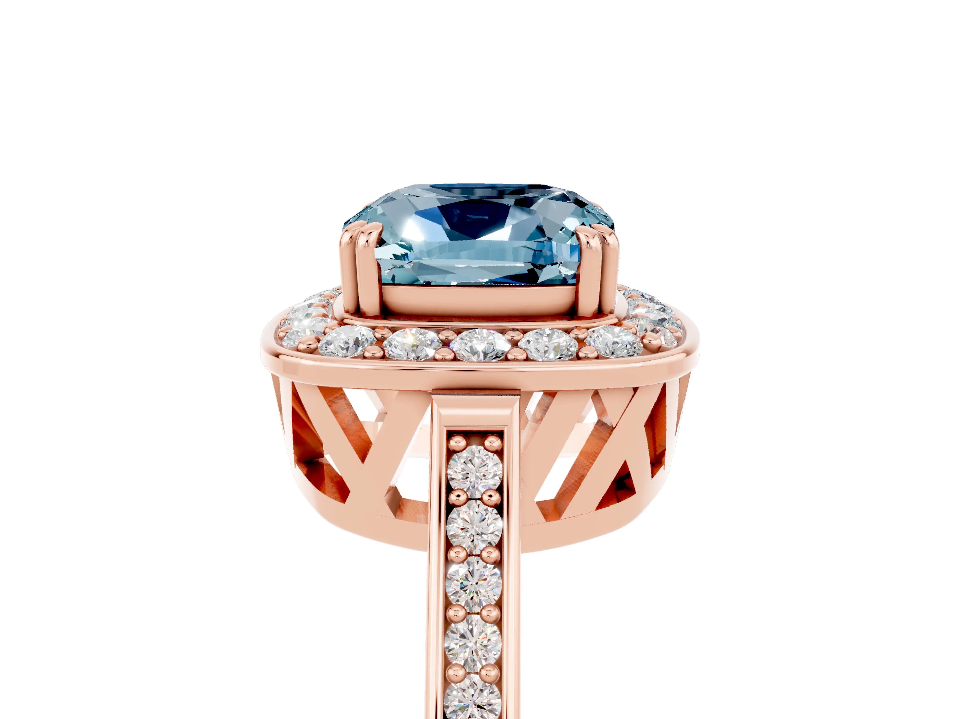 Rose gold Cushion Cut Aquamarine Halo Ring with Split Shank and Four-Prong Setting_5