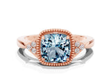 Rose gold Cushion Cut Aquamarine Halo Ring with Tapered Band and Four-Prong Setting