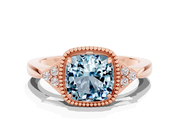 Rose gold Cushion Cut Aquamarine Halo Ring with Tapered Band and Four-Prong Setting