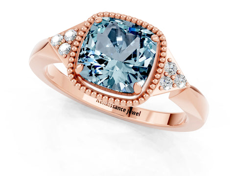 Rose gold Cushion Cut Aquamarine Halo Ring with Tapered Band and Four-Prong Setting_1