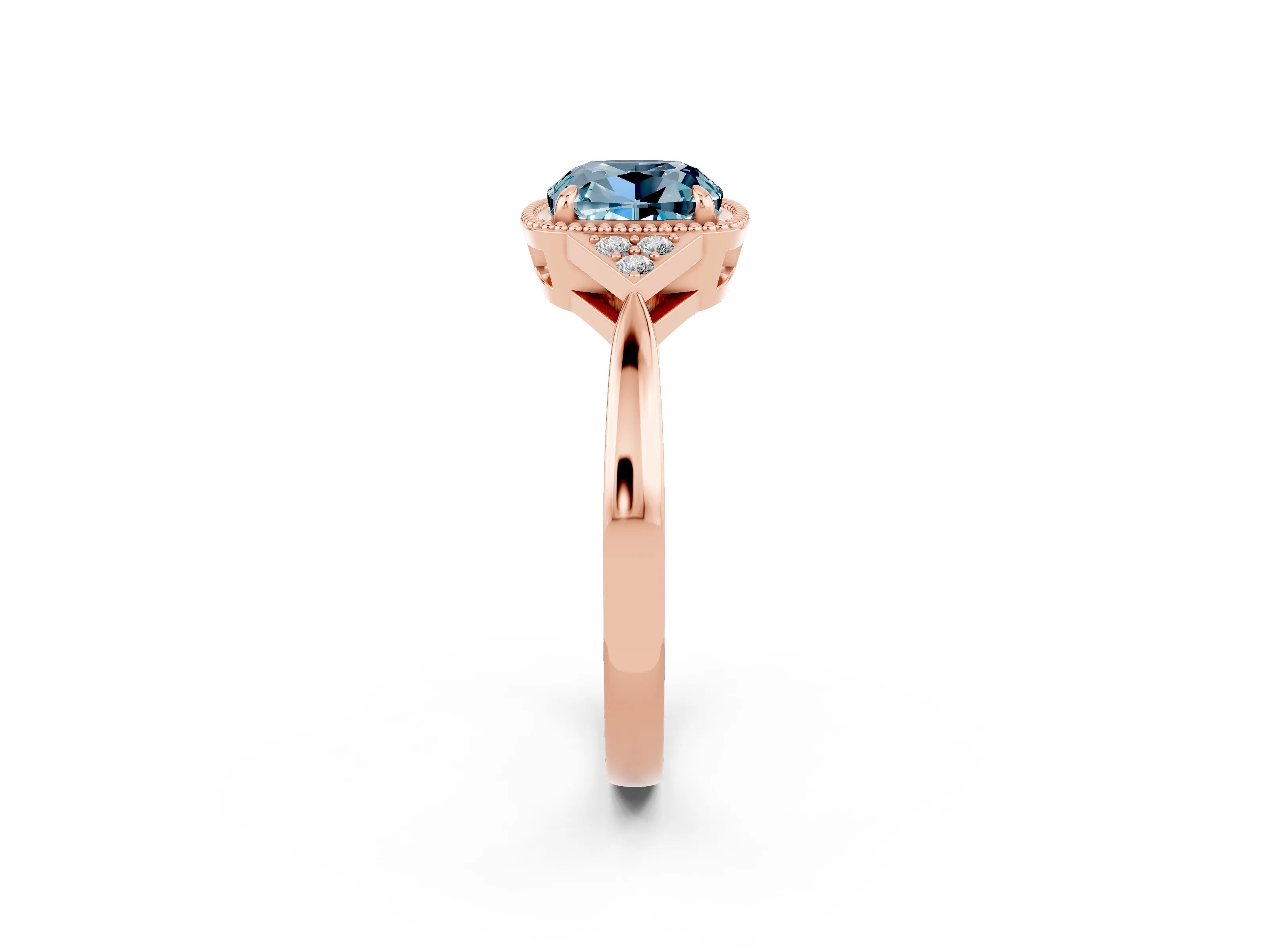 Rose gold Cushion Cut Aquamarine Halo Ring with Tapered Band and Four-Prong Setting_2