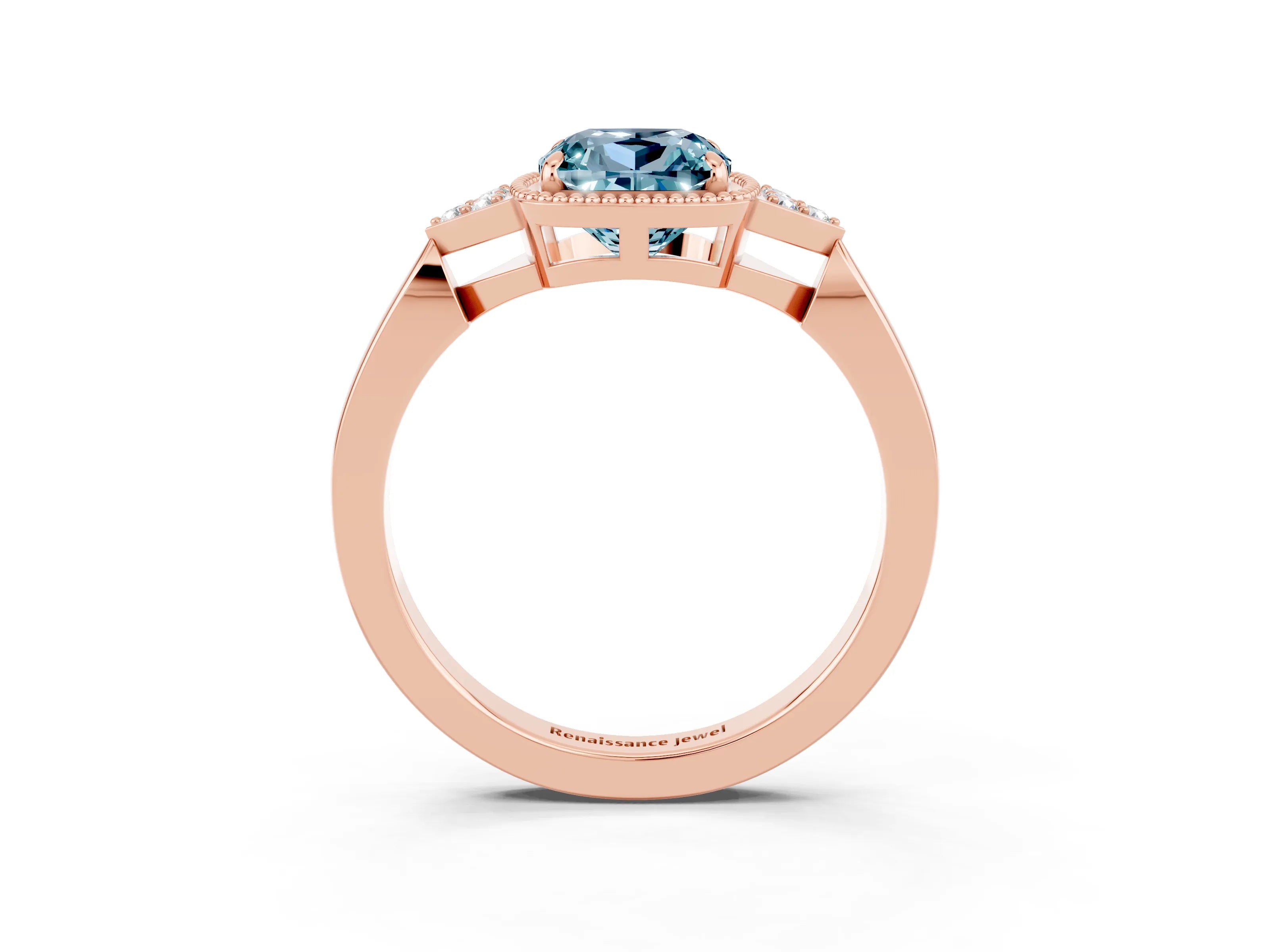Rose gold Cushion Cut Aquamarine Halo Ring with Tapered Band and Four-Prong Setting_3