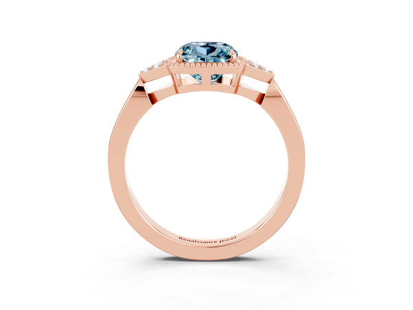 Rose gold Cushion Cut Aquamarine Halo Ring with Tapered Band and Four-Prong Setting