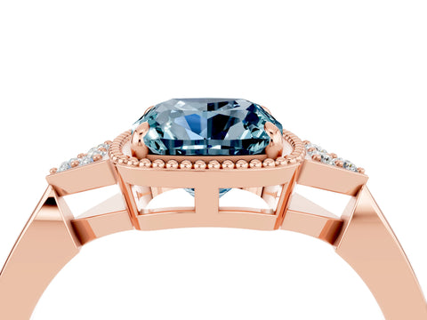 Rose gold Cushion Cut Aquamarine Halo Ring with Tapered Band and Four-Prong Setting_4