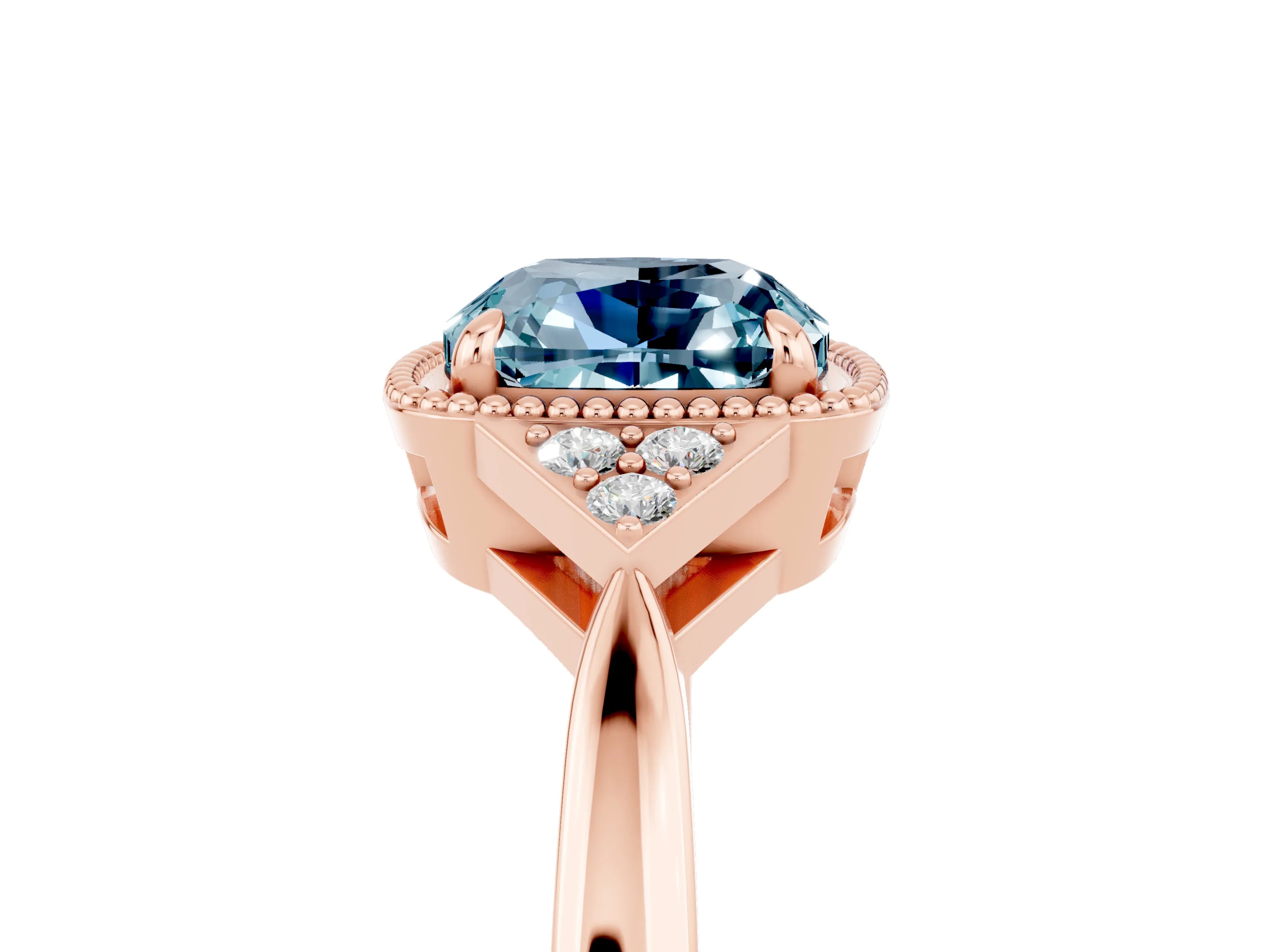 Rose gold Cushion Cut Aquamarine Halo Ring with Tapered Band and Four-Prong Setting_5