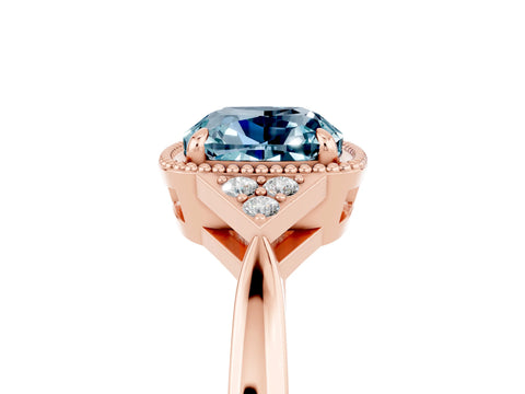 Rose gold Cushion Cut Aquamarine Halo Ring with Tapered Band and Four-Prong Setting_5