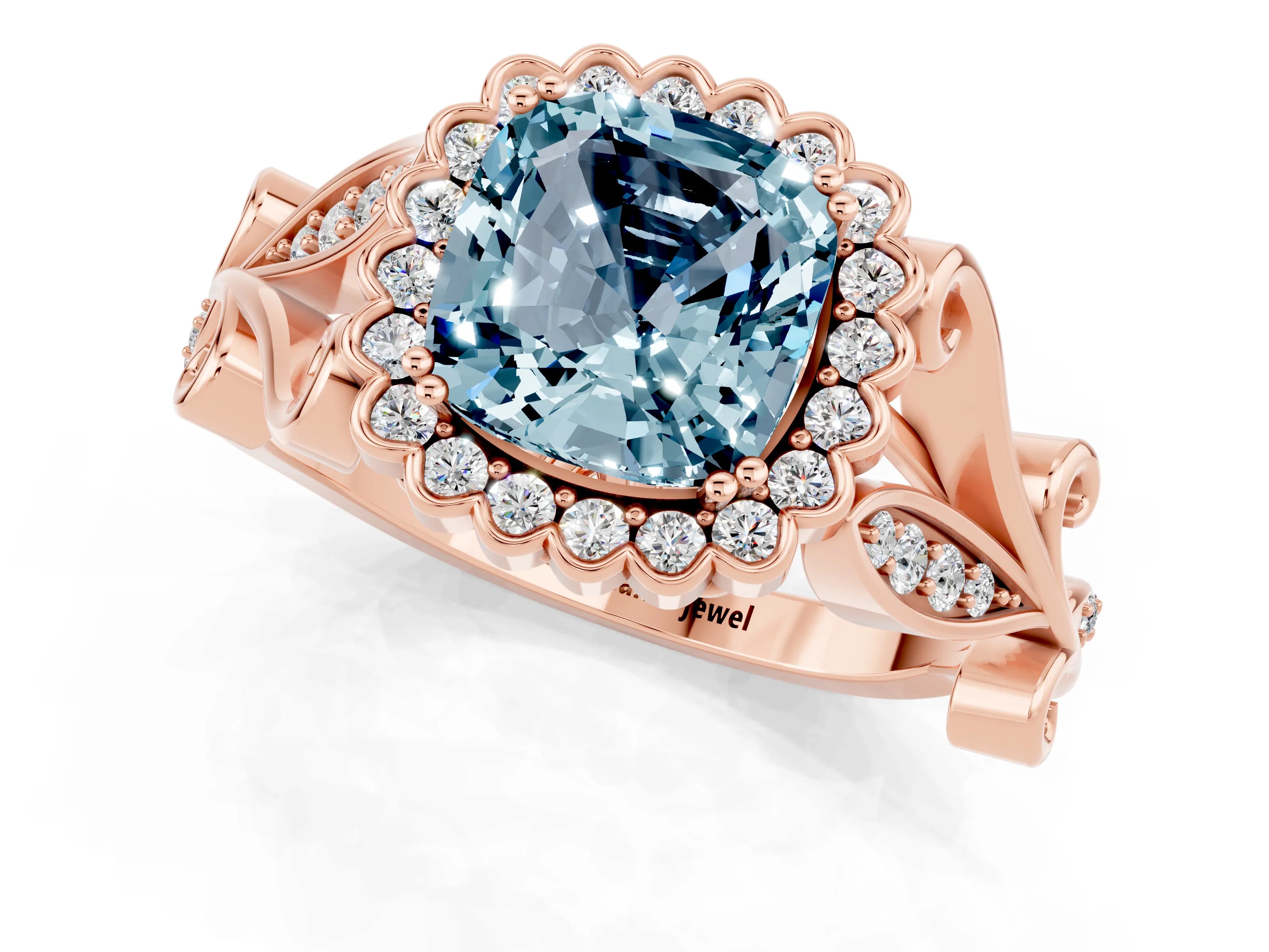 Rose gold Cushion Cut Aquamarine Halo Ring with Vintage Split Shank and Four-Prong Setting_1