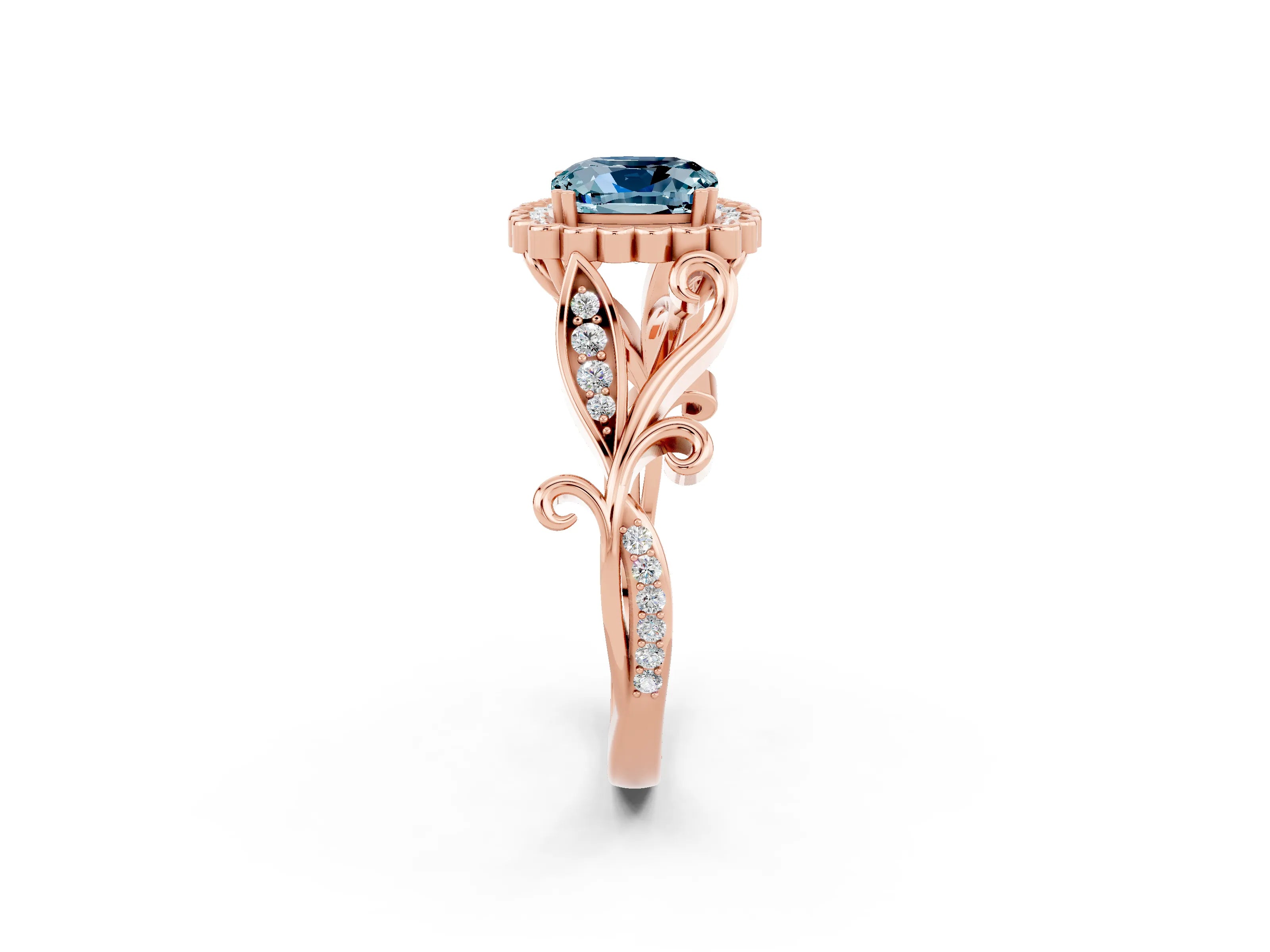 Rose gold Cushion Cut Aquamarine Halo Ring with Vintage Split Shank and Four-Prong Setting_2