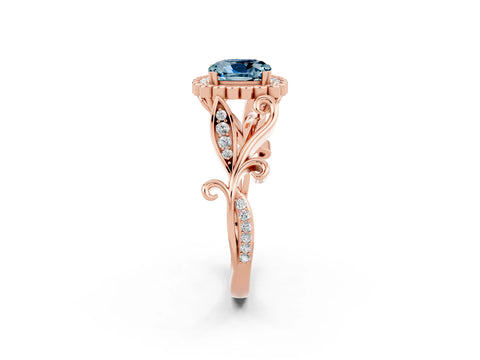Rose gold Cushion Cut Aquamarine Halo Ring with Vintage Split Shank and Four-Prong Setting_2