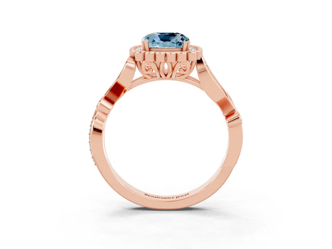Rose gold Cushion Cut Aquamarine Halo Ring with Vintage Split Shank and Four-Prong Setting_3