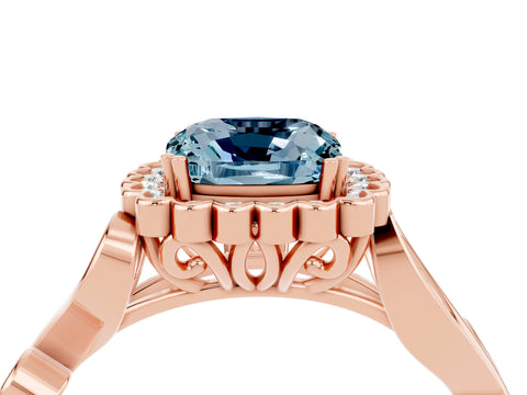 Rose gold Cushion Cut Aquamarine Halo Ring with Vintage Split Shank and Four-Prong Setting_4