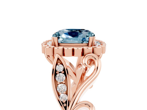 Rose gold Cushion Cut Aquamarine Halo Ring with Vintage Split Shank and Four-Prong Setting_5
