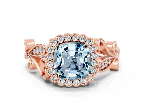 Rose gold Cushion Cut Aquamarine Halo Ring with Vintage Split Shank and Four-Prong Setting