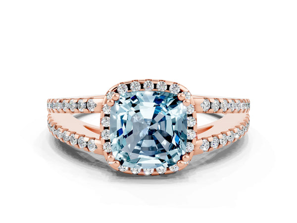 Rose gold Cushion Cut Aquamarine Halo Split Shank Engagement Ring