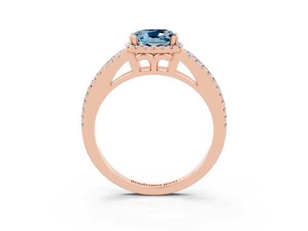 Rose gold Cushion Cut Aquamarine Halo Split Shank Engagement Ring