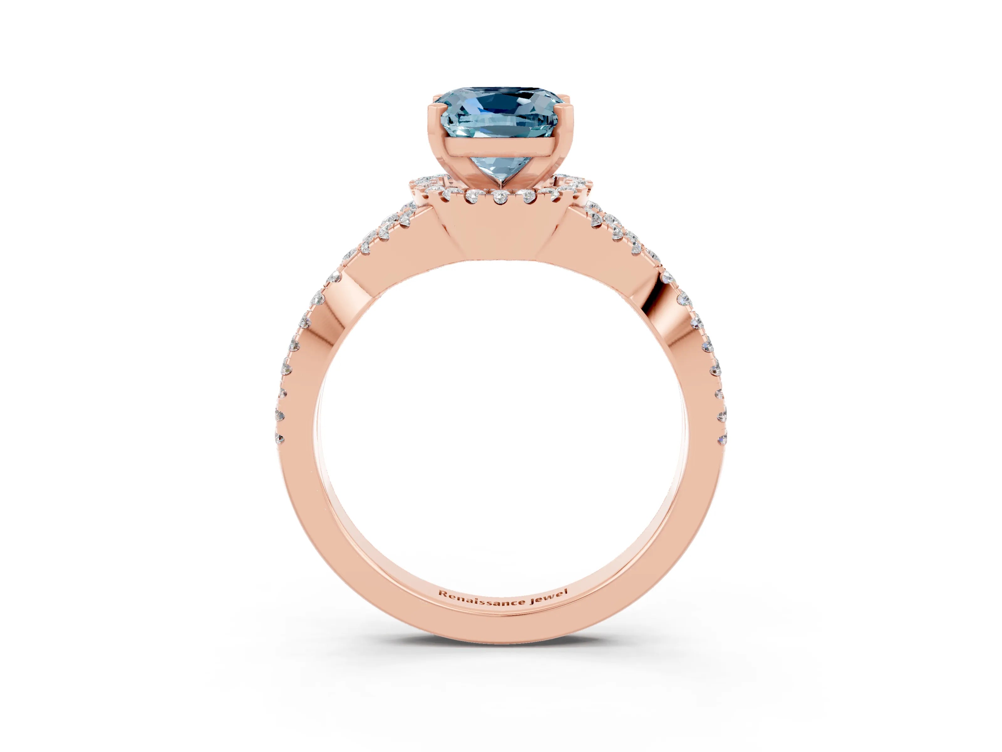 Rose gold Cushion Cut Aquamarine Halo Twist Band Solitaire Prong Setting Ring_3