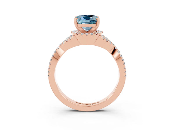 Rose gold Cushion Cut Aquamarine  Halo Twist Band Solitaire Prong Setting Ring