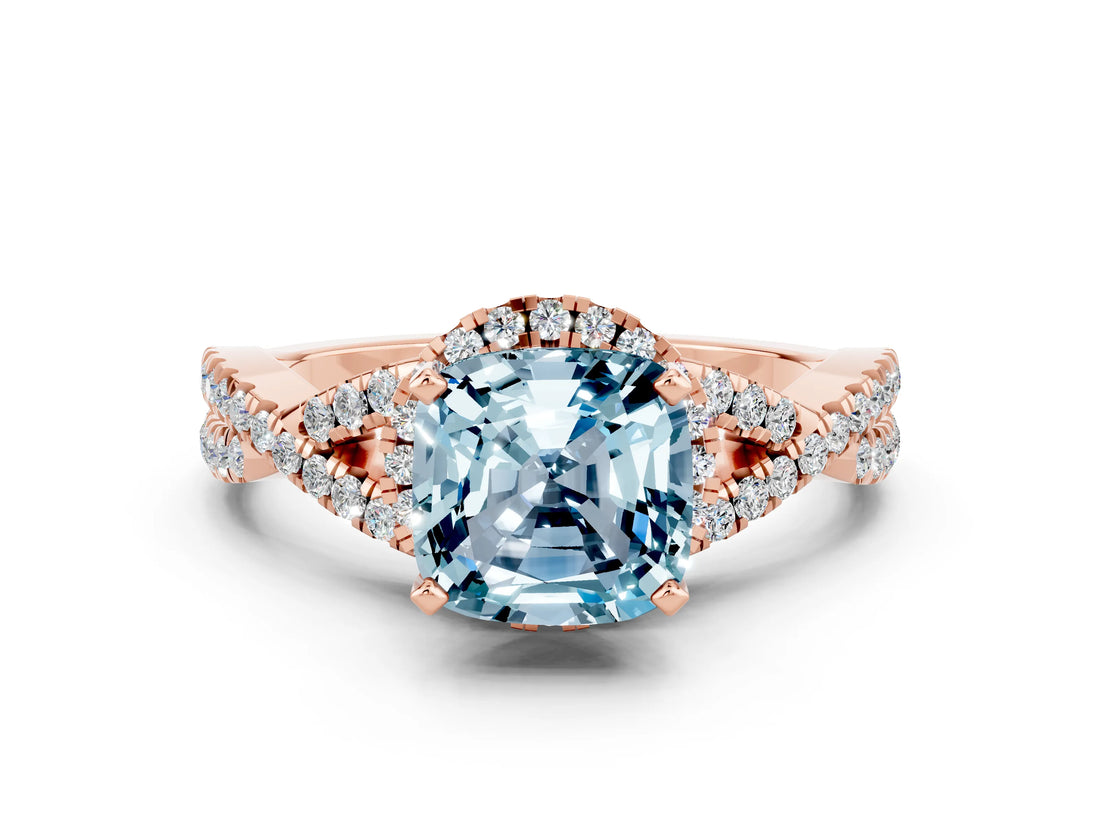 Rose gold Cushion Cut Aquamarine  Halo Twist Band Solitaire Prong Setting Ring_42