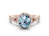 Rose gold Cushion Cut Aquamarine  Halo Twist Band Solitaire Prong Setting Ring_42