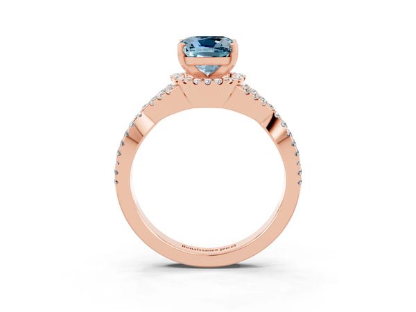 Rose gold Cushion Cut Aquamarine  Halo Twist Band Solitaire Prong Setting Ring