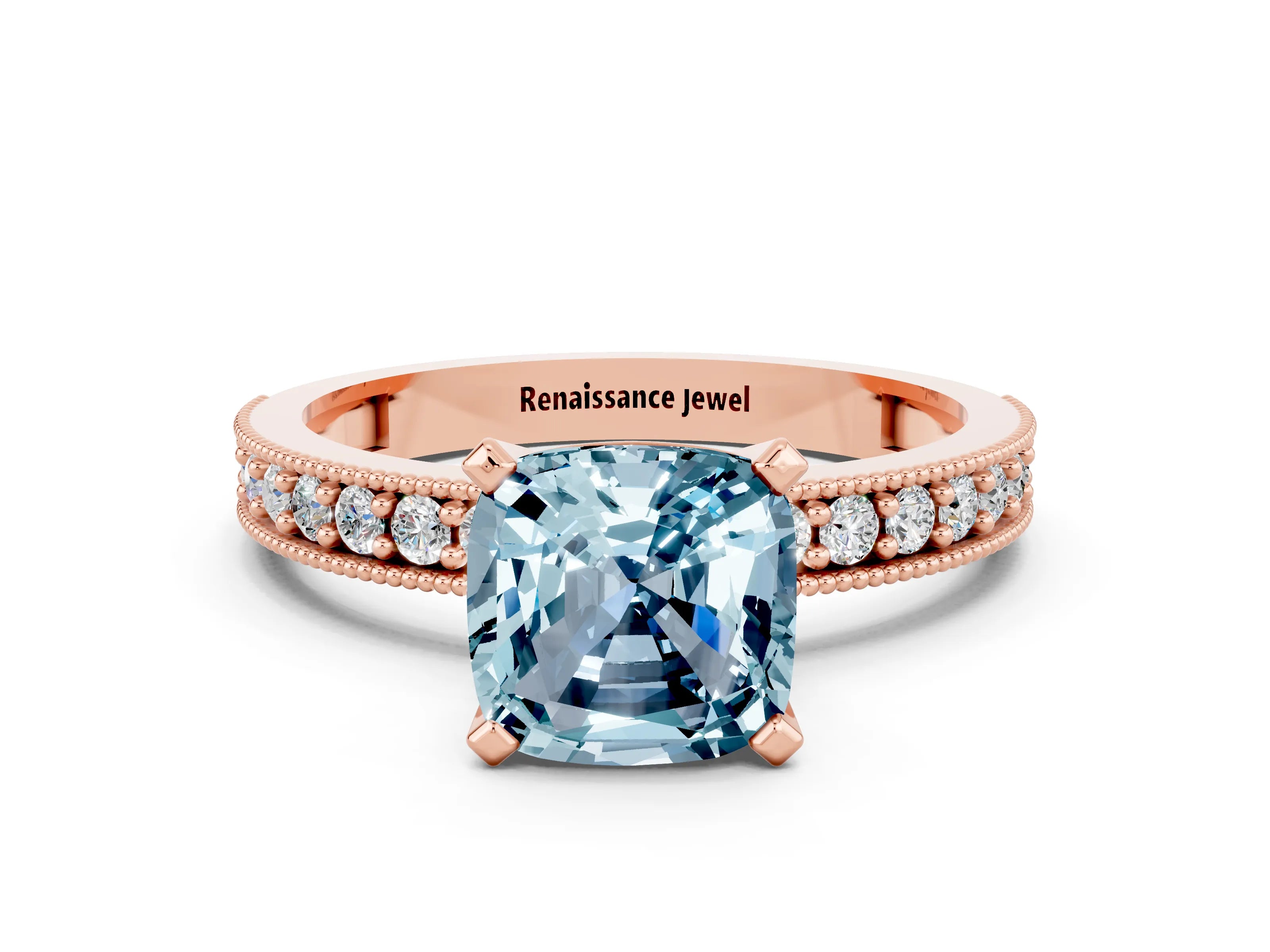 Rose gold Cushion Cut Aquamarine Milgrain Pavé Engagement Ring with Four-Prong Setting_12