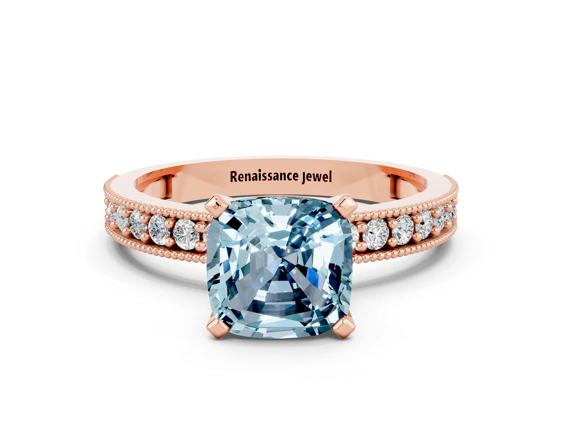 Rose gold Cushion Cut Aquamarine Milgrain Pavé Engagement Ring with Four-Prong Setting_12