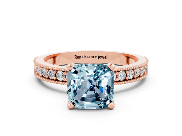 Rose gold Cushion Cut Aquamarine Milgrain Pavé Engagement Ring with Four-Prong Setting