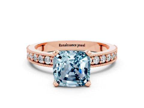 Rose gold Cushion Cut Aquamarine Milgrain Pavé Engagement Ring with Four-Prong Setting_12
