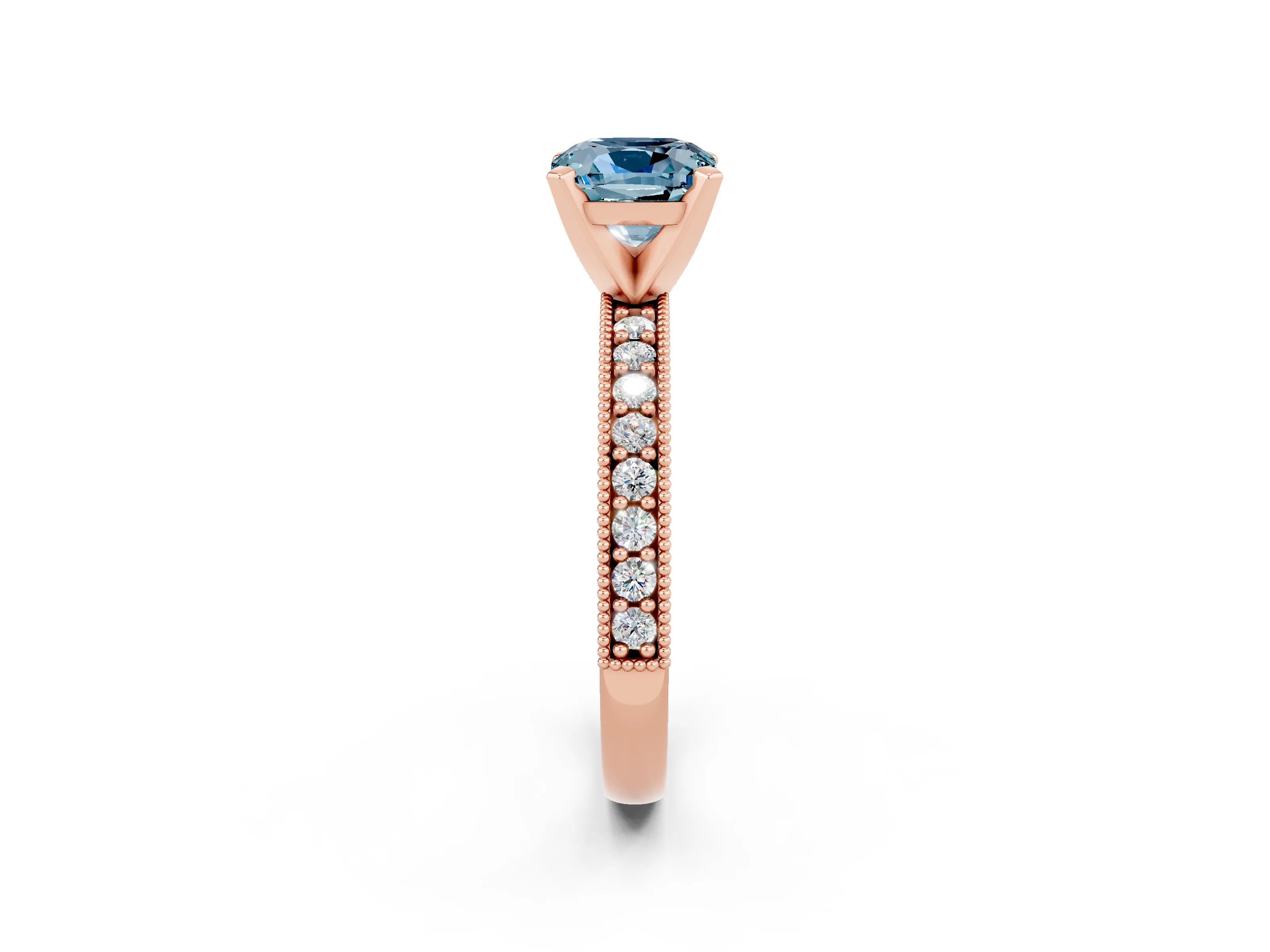 Rose gold Cushion Cut Aquamarine Milgrain Pavé Engagement Ring with Four-Prong Setting_14