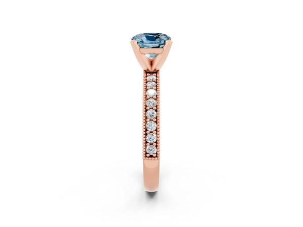 Rose gold Cushion Cut Aquamarine Milgrain Pavé Engagement Ring with Four-Prong Setting