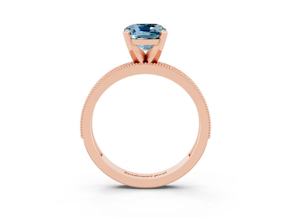 Rose gold Cushion Cut Aquamarine Milgrain Pavé Engagement Ring with Four-Prong Setting