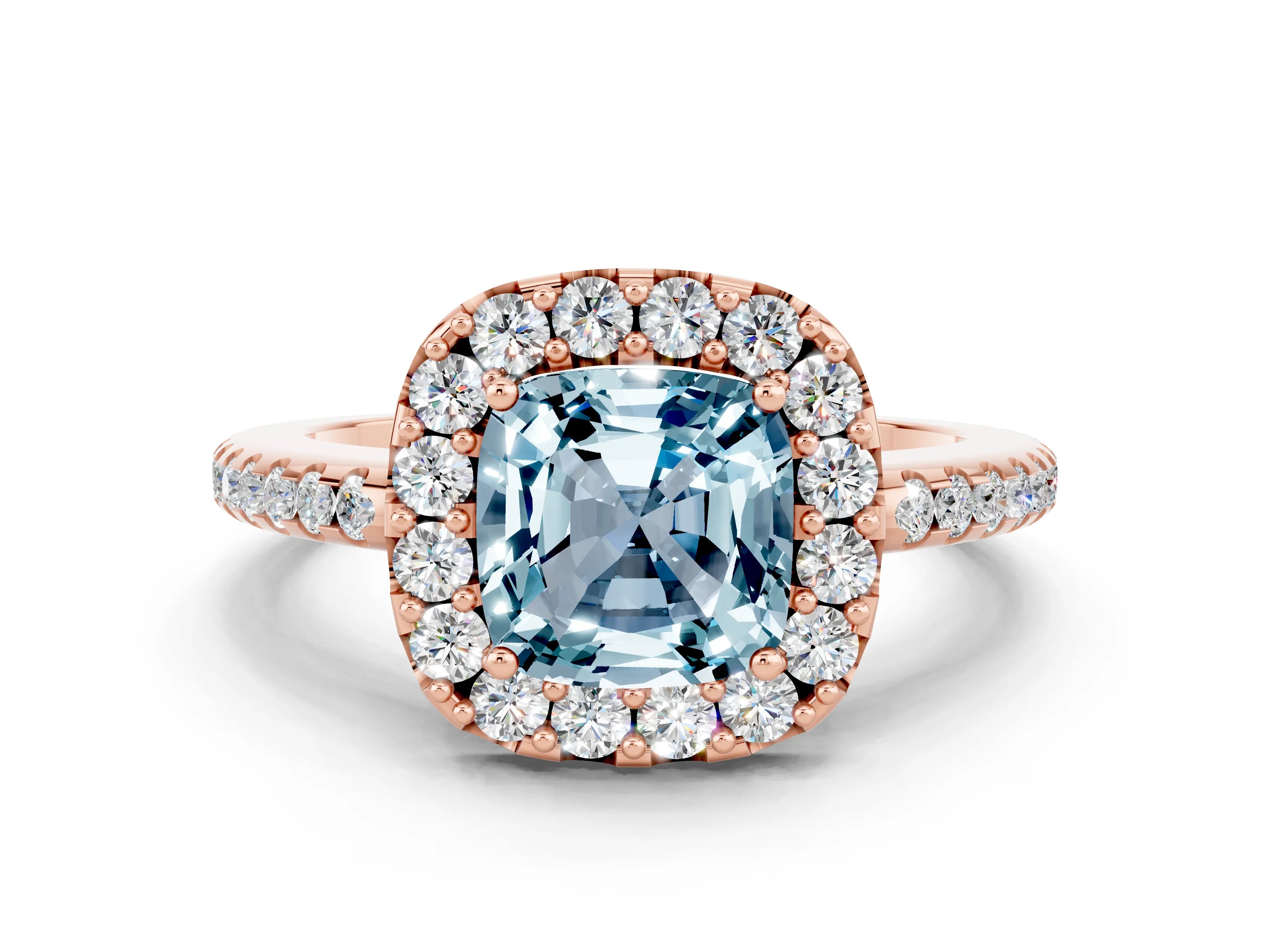Rose gold Cushion Cut Aquamarine Pavé Halo Ring with Four-Prong Setting_12
