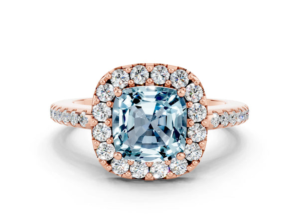 Rose gold Cushion Cut Aquamarine Pavé Halo Ring with Four-Prong Setting