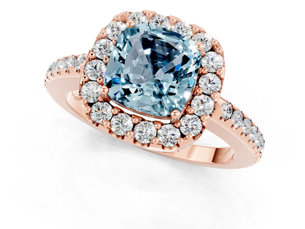 Rose gold Cushion Cut Aquamarine Pavé Halo Ring with Four-Prong Setting