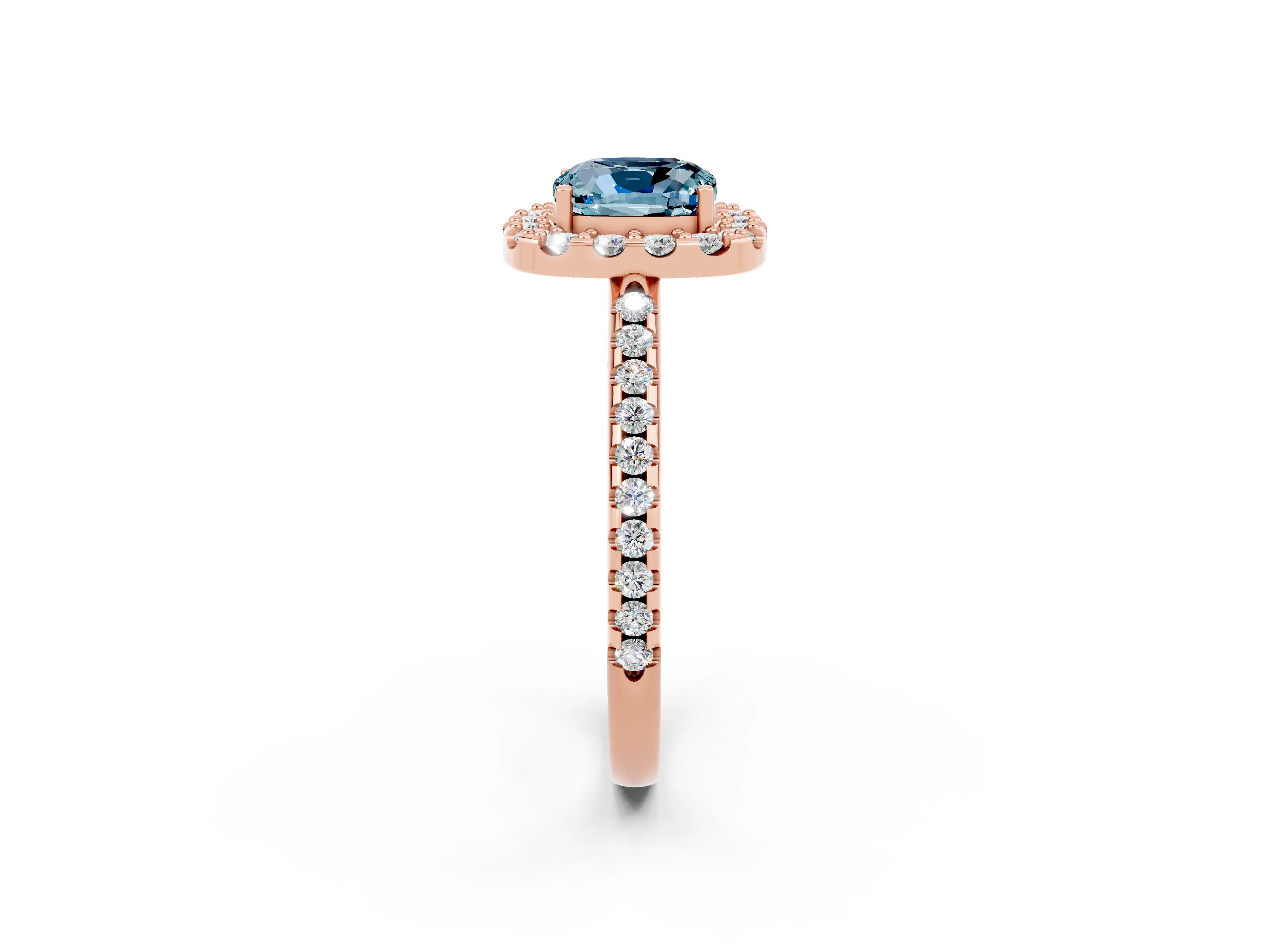 Rose gold Cushion Cut Aquamarine Pavé Halo Ring with Four-Prong Setting_14