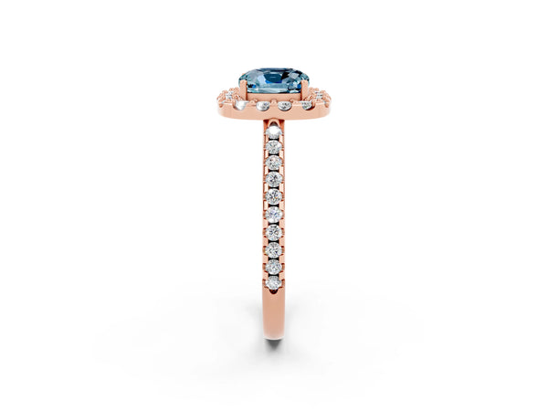 Rose gold Cushion Cut Aquamarine Pavé Halo Ring with Four-Prong Setting