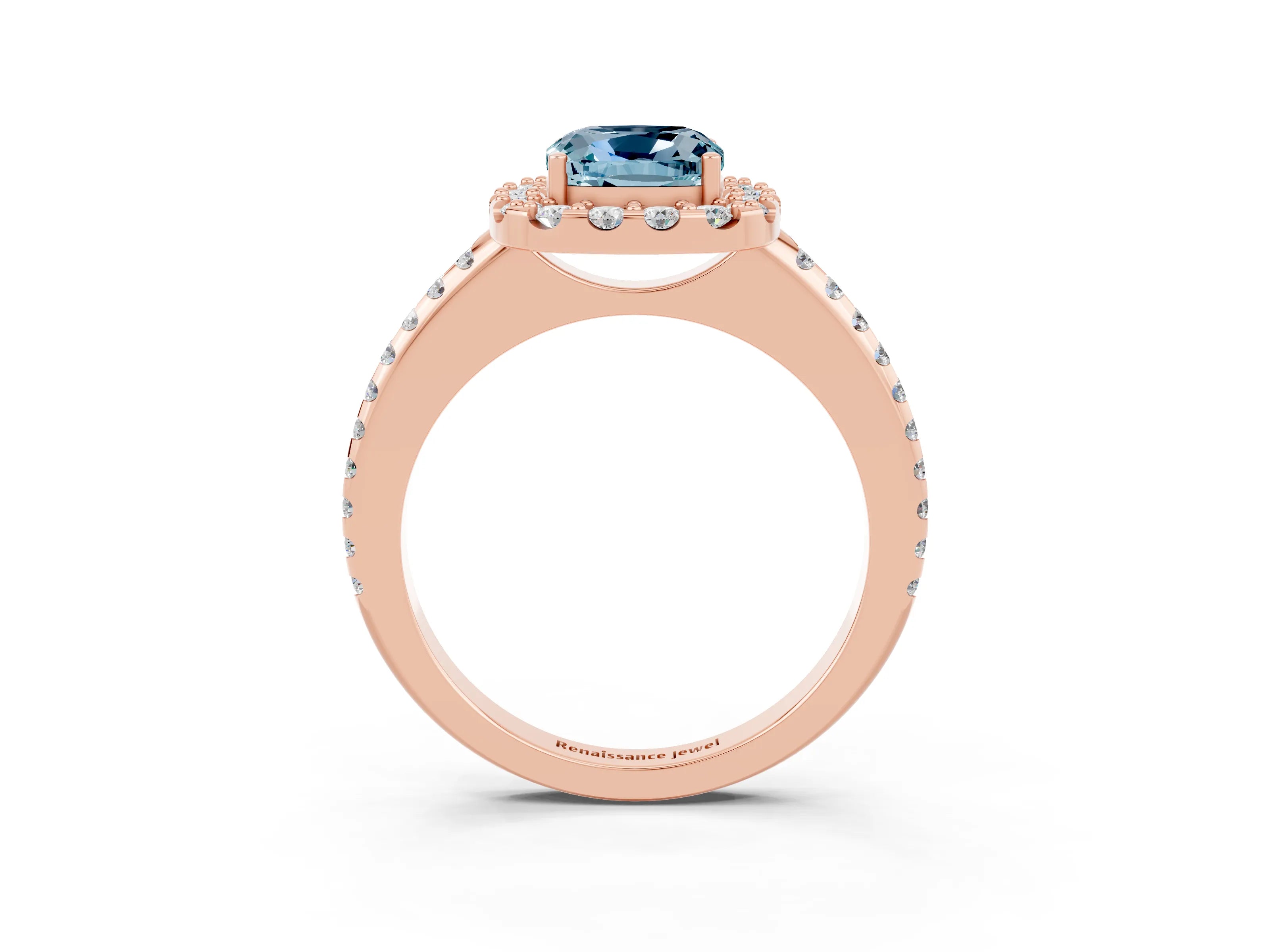 Rose gold Cushion Cut Aquamarine Pavé Halo Ring with Four-Prong Setting_15