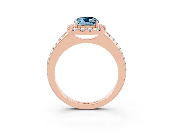 Rose gold Cushion Cut Aquamarine Pavé Halo Ring with Four-Prong Setting