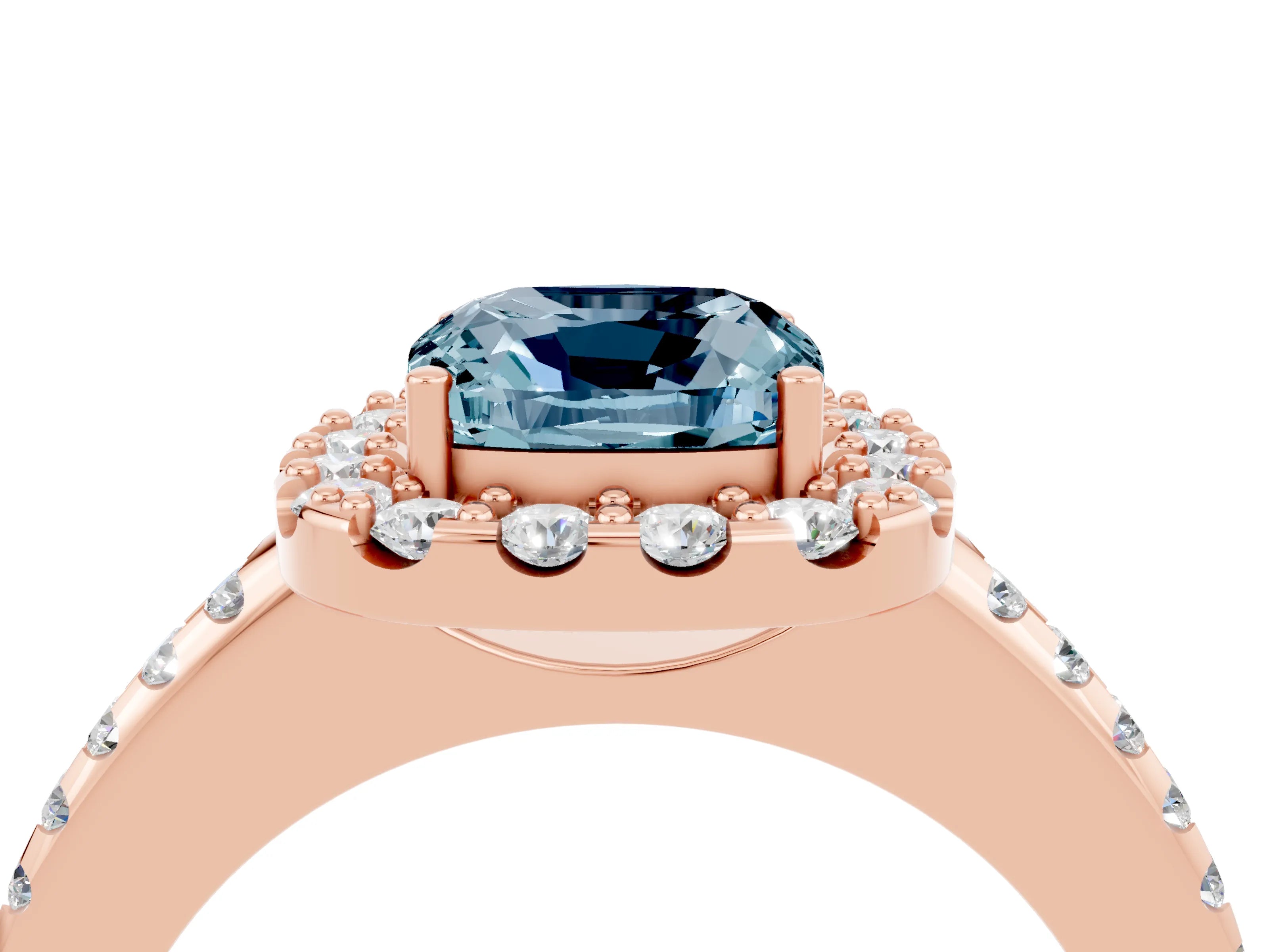 Rose gold Cushion Cut Aquamarine Pavé Halo Ring with Four-Prong Setting_16