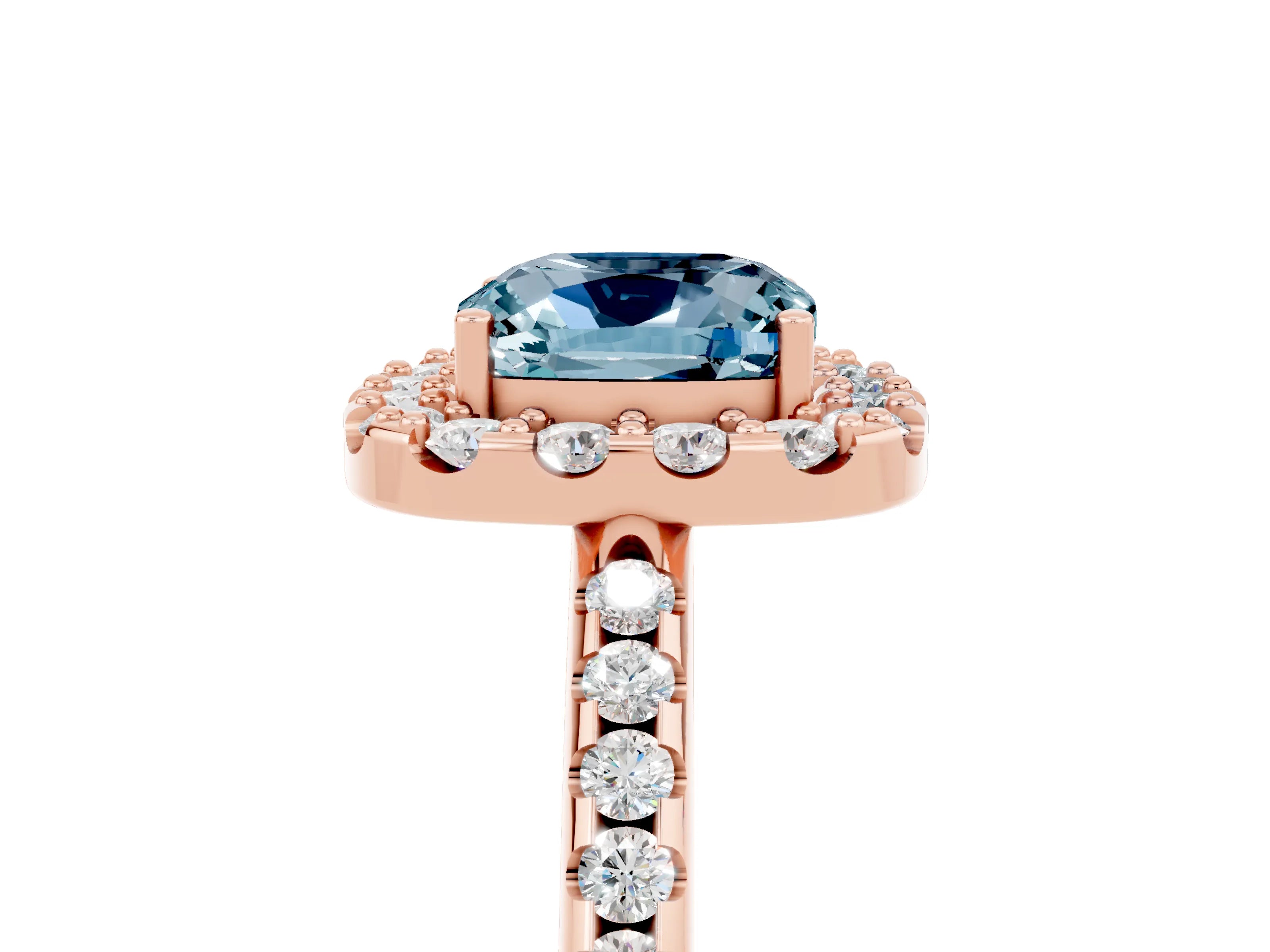 Rose gold Cushion Cut Aquamarine Pavé Halo Ring with Four-Prong Setting_17